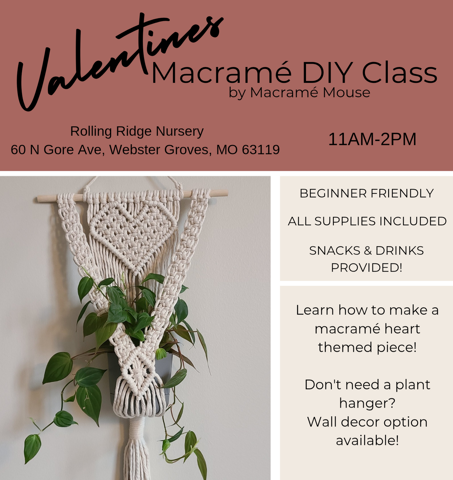 Valentines Macramé Class at Rolling Ridge Nursery